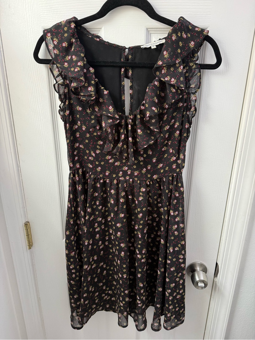 Rebecca Minkoff Black Mini Dress with Pink Floral Ruffles
